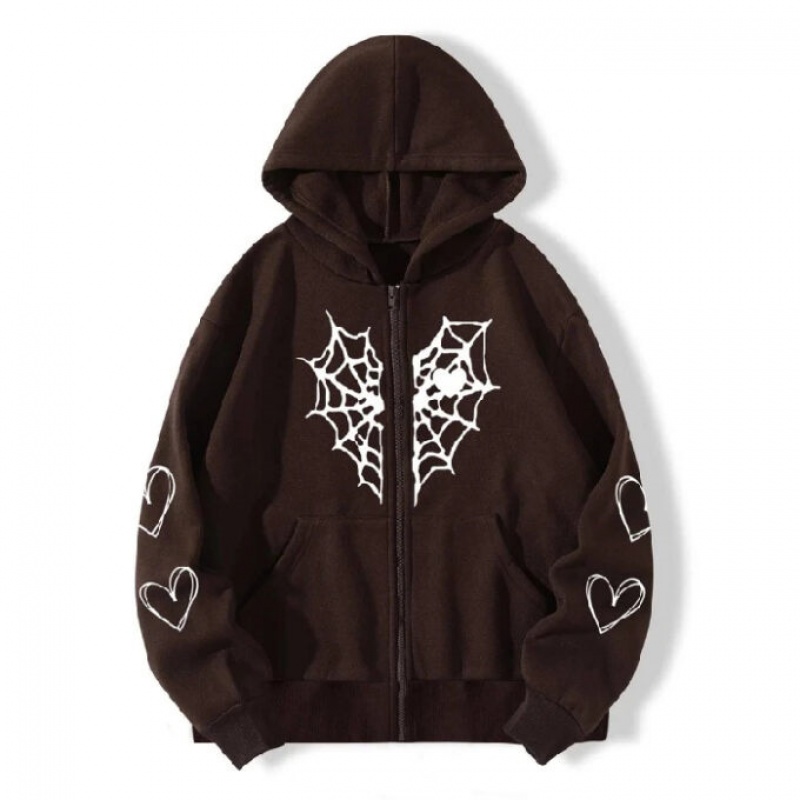 Sudadera con Capucha Sp5der Cremallera Web & Heart Print Marrones | DA1324705