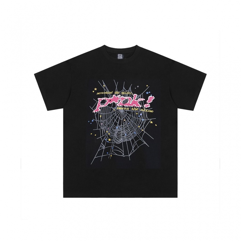 T Shirt Sp5der Stars Pink Sign Negras | UF0289367